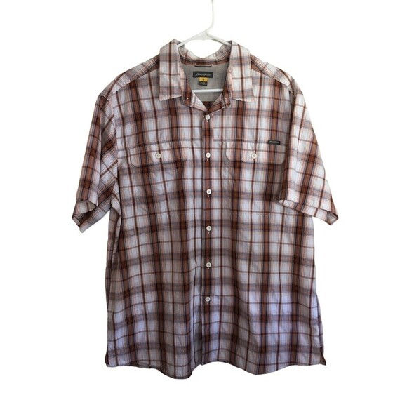 Eddie Bauer Shirt Men's Size XL Brown Orange Plaid Button Up Short Sleeve - Picture 1 of 9